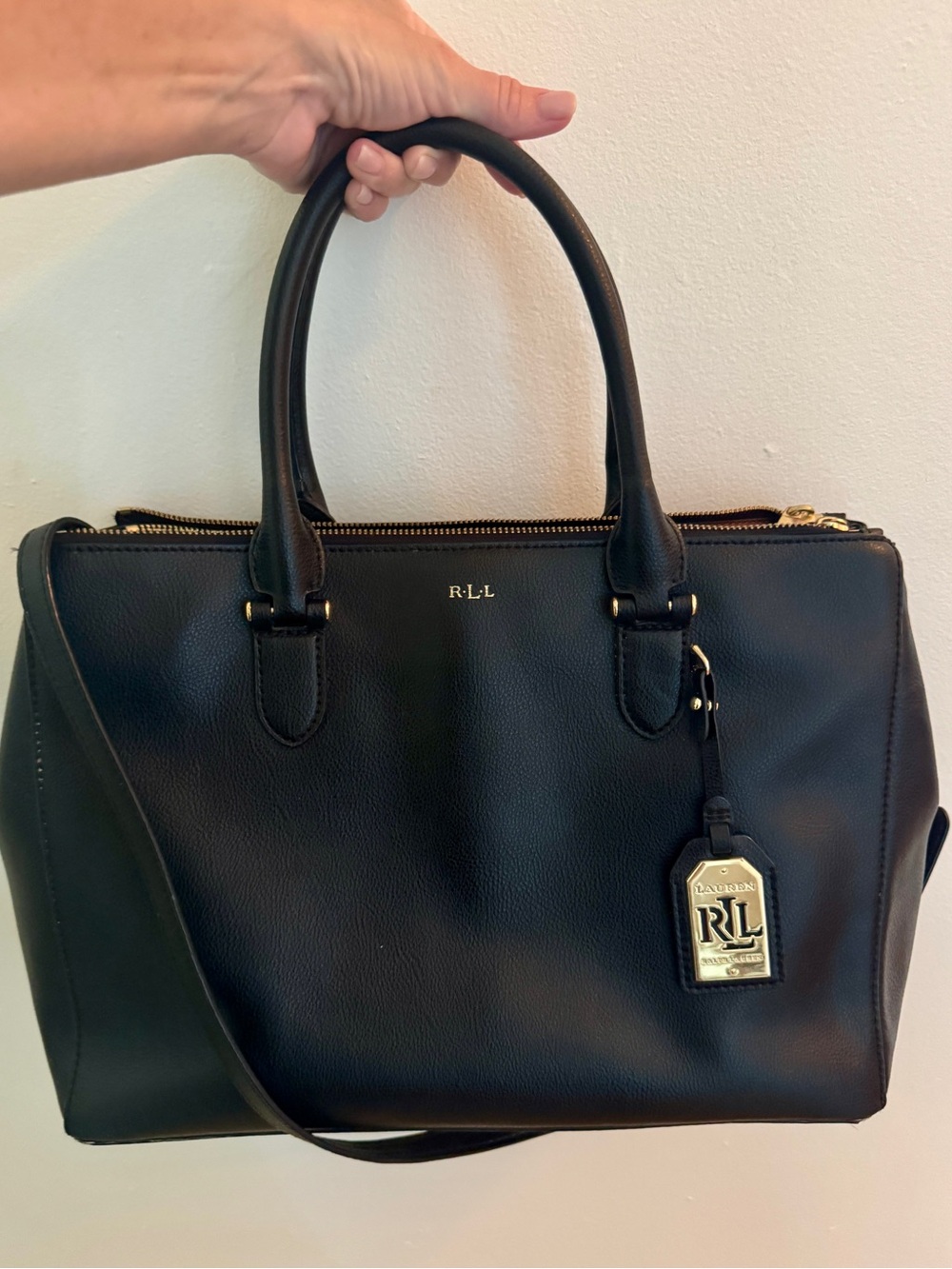 Lauren Ralph Lauren Black Leather Satchel  Triple Compartment Top Handle Purse